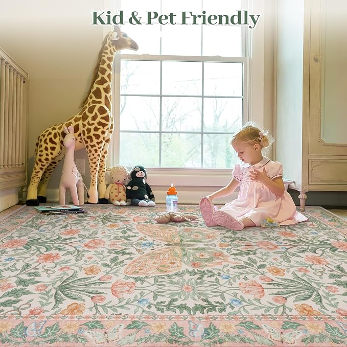 Collive Pink 5x7 Butterfly Area Rug, Vintage Floral Rug for Girls Bedroom Washable Non Slip, Soft Ultra Thin Boho Insect Carpet for Living Room Nursery Kids Room Playroom