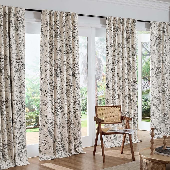 jinchan Black Floral Linen Blackout Curtains 72 Inch Back Tab 2 Panels | Blackout lining, room darkening drapes, farmhouse, vintage, cottagecore, rustic, bedroom, living room, window treatment