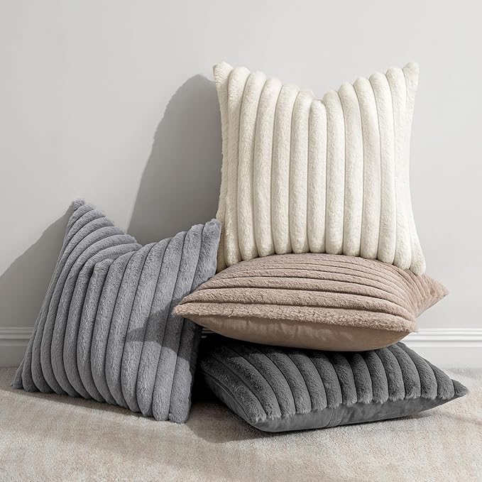 MIULEE Faux Fur Plush Decorative Throw Pillow Covers 20x20 Set of 4, Boho Farmhouse Soft Fuzzy Striped Cushion Covers for Sofa Couch Bed Living Room Vintage Rustic Home Decor,Grey Taupe