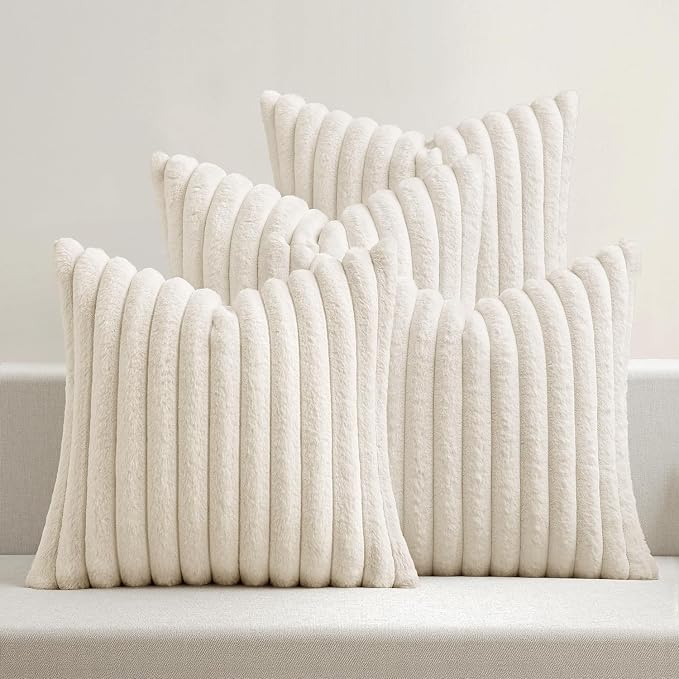 MIULEE Faux Fur Plush Decorative Throw Pillow Covers 18x18 Set of 4, Spring Modern Soft Fuzzy Striped Cushion Covers for Sofa Couch Bed Living Room Cozy Home Decor,Cream White