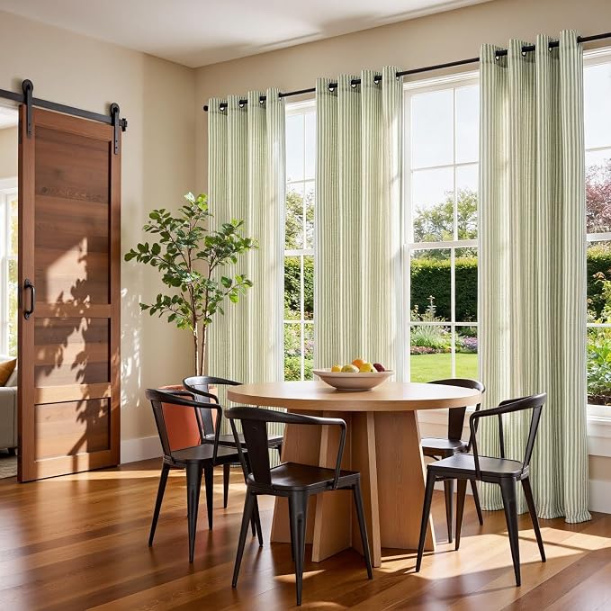 Vangao Linen Striped Curtains for Living Room Bedroom Farmhouse Tickingstripe Light Filtering Window Curtains Printed Drapes Grommet Top 2 Panels Green W50 x L96 Inch
