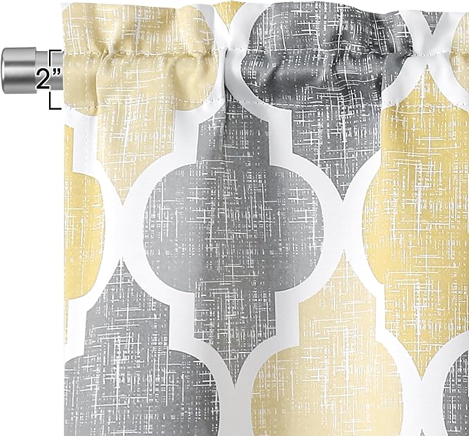 Beauoop Moroccan Valance Curtains Kitchen Cafe Yellow Grey 52x18 1 Panel | Geometric Blackout Short Curtains for Living Room Bedroom 18 Inch Length Thermal Quatrefoil Small Window Curtains Rod Pocket