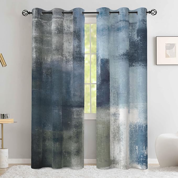 Asuexpect Dusty Blue Abstract Curtains 2 Panels Set Navy Grey Geometric Curtain Modern Chic Window Treatments Decorative for Farmhouse Living Room Bedroom Window 50% Darkening Curtain 42x63 Inch
