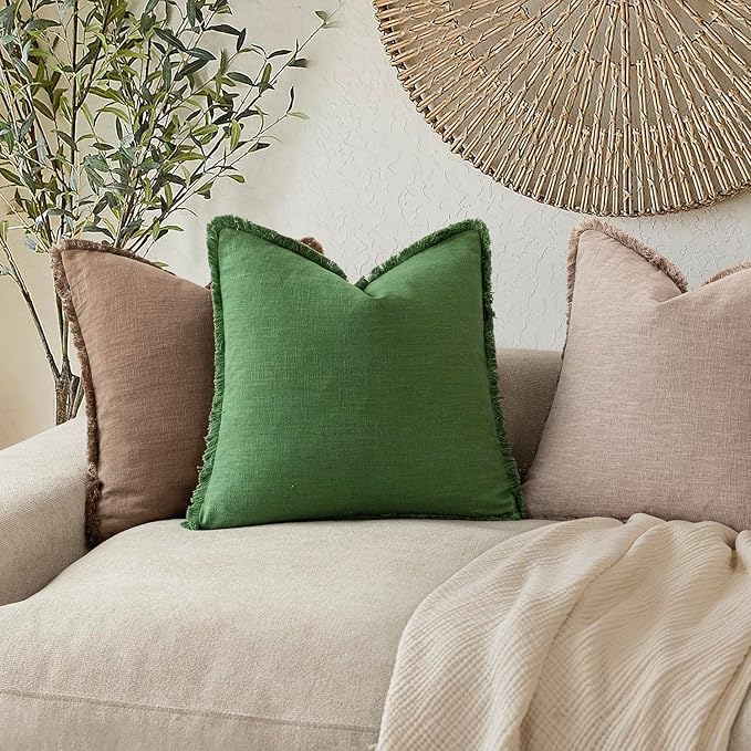 Foindtower Set of 2 Decorative Linen Fringe Throw Pillow Covers Cozy Boho Farmhouse Cushion Cover with Tassels Soft Accent Pillowcase for Couch Sofa Bed Living Room Home Decor,24×24 Inch,Forest Green