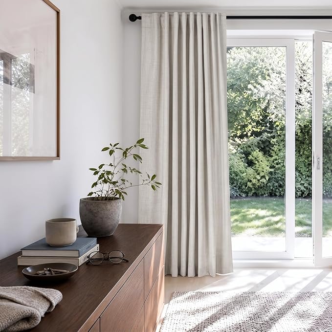 100% Blackout Shield Linen Blackout Sliding Door Curtains for Living Room, Back Tab/Rod Pocket Thermal Insulated Curtains for Sliding Glass Doors, 1 Panel Set, 100" W x 84" L, Beige