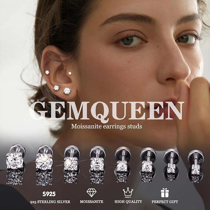 GEMQUEEN 3/4 Pairs Moissanite Earrings Studs 14K Gold Plated S925 Sterling Silver Flat Back Earring for Women Men - Hypoallergenic Set Cartilage Helix Piercing Jewelry Trendy D Color VVS1