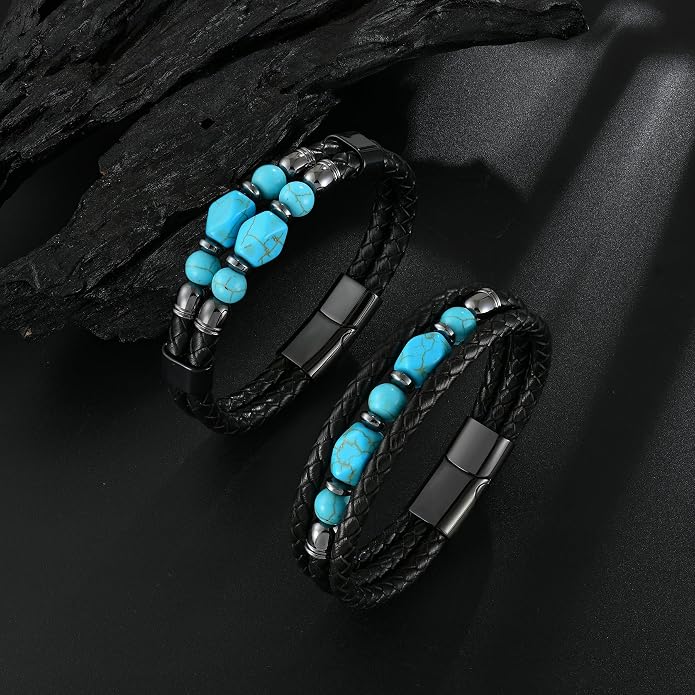 Mens Turquoise/Lapis Lazuli/Tiger Eye/Black Agate/Obsidian Leather Braided Bracelets for Father's Day/Birthdays/Graduation Jewelry Wristband Cuff Bracelet with Stainless Steel Clasp