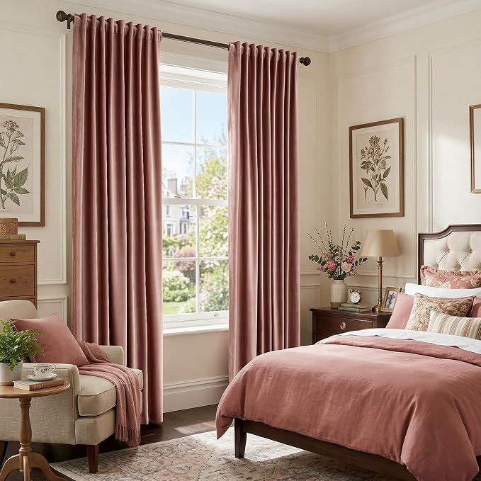 Elegant Dusty Pink Velvet Curtains 90 inches for Living Room,Luxury 2 Panels Room Darkening Rod Pocket Back Tab Curtain Thermal Insulated Heavy Soundproof Noice Reducing Window Drapes for Bedroom
