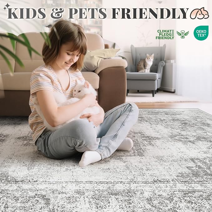 Area Rug 9x12 Vintage Rugs: Large Washable Indoor Medallion Rug Low Pile Distressed Floor Carpet Retro Accent Rugs for Living Room Bedroom Kitchen Dining Table Home Office(Grey, 9'x12')
