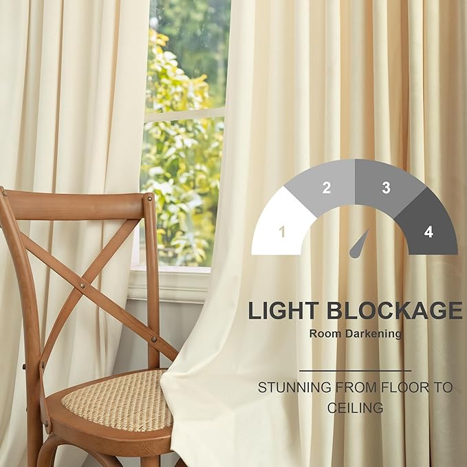 Cream Beige Velvet Curtains 108 Inches Long 2 Panels for Living Room Darkening Light Filtering Insulating Heavy Window Drape Smooth Classic Mid Century Modern Privacy Curtains for Kids Bedroom Nursery