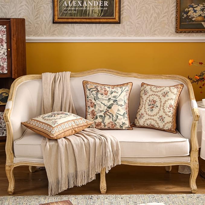 patdrea French Vintage Linen Throw Pillow Cover,Set of 4-ParkerEstate | Decorative Pillow Case with Zipper,Bird and Floral Pattern,Cushion Coverfor Couch Living Room Bedroom Sofa