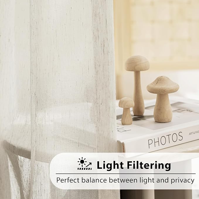 FMFUNCTEX Beige Flax Linen Sheer Curtains 72 Inch Long Rod Pocket 2 Panels | Natural Semi Sheer Window Drapes for Bedroom and Living Room, Farmhouse French Window Curtain Light Filtering Privacy