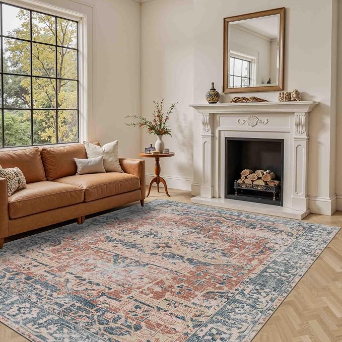 Rugxara 6x9 Area Rugs Washable Rug for Living Room Bedroom, Coral Blue | Non Slip, Rug for Dining Room Office Farmhouse, Stain Resistant, Soft, Low Pile, Vintage Boho Floral Retro Carpet, Home Decor