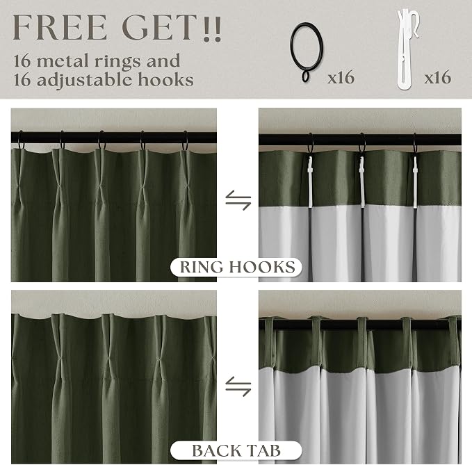 TWODRAPES Olive Green Blackout Linen Curtains 108 Inches Long Pinch Pleated | 100% Black Out Curtains Lined 2 Layers, Memory Shape, Noise Reducing, Room Darkening, for Living Room Window, 40x108 2 Panels