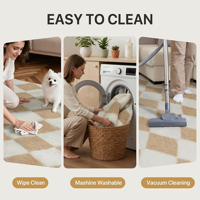 GENIMO Checkered Rug 6x9 Area Rugs for Kids Bedroom Soft Shag Rug Fluffy Fuzzy Carpet Plush Rugs for Living Room Nursery Playroom Dorm Modern Home Decor Aesthetic, Beige and White