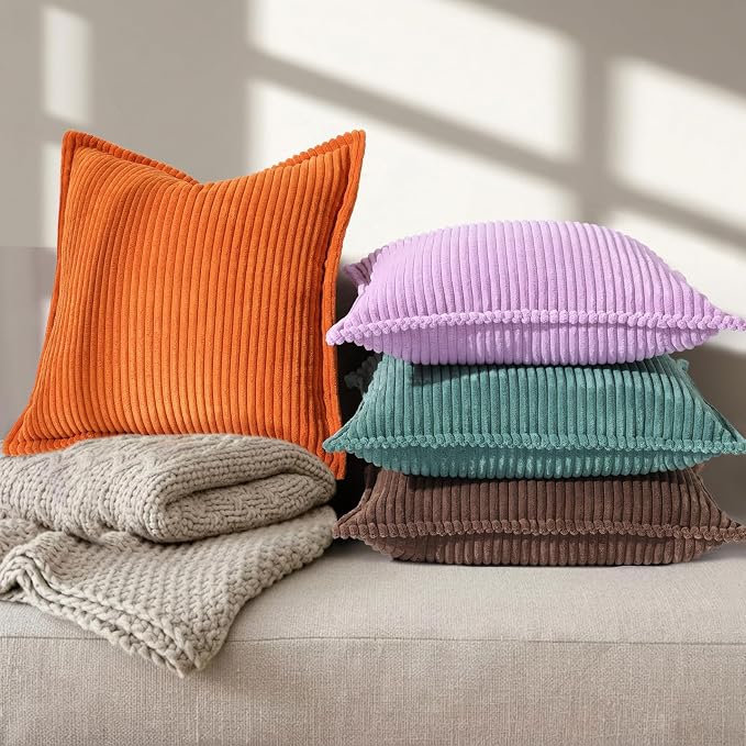 decorUhome Fall Corduroy Burnt Orange Throw Pillow Covers 12x20 Set of 2 | Lumbar Couch Decorative Soft Modern Boho Farmhouse Pillow Covers Broadside Striped Pillow Cases for Living Room Bed Sofa
