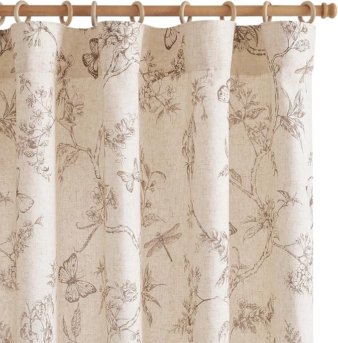 jinchan Taupe Floral Linen Curtains Lined 96 Inch Vintage Back Tab 2 Panels | Privacy lining, light filtering drapes, cottagecore, french country, farmhouse, bedroom, living room, window treatment
