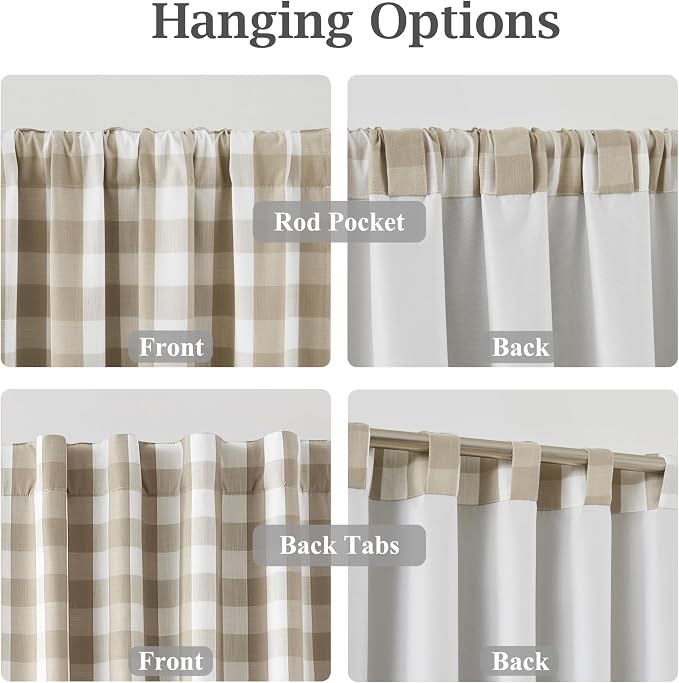 Beige White Gingham Checkered Panels 95 Inches Long | Thermal Insulated Double-Layer Window Treatment,Farmhouse Curtains for Living Room,Rod Pocket Back Tabs,52"Wx95"Lx2