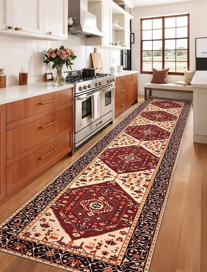 SERISSA Runner Rug for Hallways, 2'6"x14' Washable Non Slip Runner Rug, Extra Long Boho Rug Ultra Soft Vintage Red Black Print Floor Carpet for Bedroom Hallway Entryway Bathroom Laundry Room