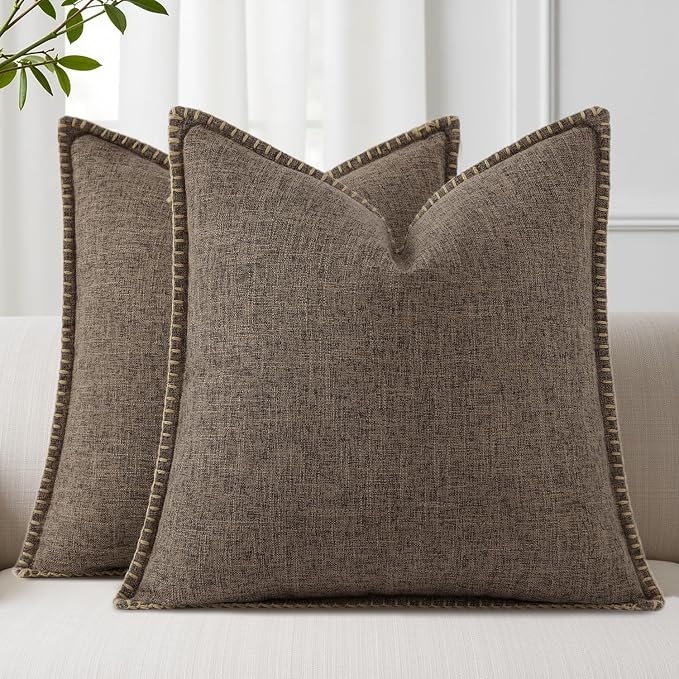 decorUhome Chocolate Faux Linen Outdoor Throw Pillow Covers 16x16 Set of 2 | Fall Decorative Textured Neutral Modern Farmhouse Pillow Covers with Stitched Edge for Couch Sofa Bed Living Room