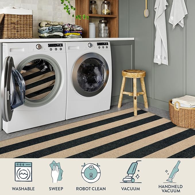 Lahome Striped Easy Jute Front Door Mat, 2x3 Kitchen Outdoor Rug Washable | Indoor Entryway Rugs Black, Modern Farmhouse Neutral Non Slip Non Shedding Small Carpet for Floor Foyer Entrance Patio Porch