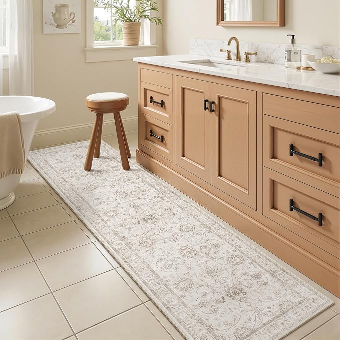 Madane Washable Runner Rug 2x5 with Non-Slip Rubber Backing, Vintage Kitchen Hallway Rug Soft Low Pile Throw Carpet Runner for Entryway Laundry Bathroom Bedroom Living Room (2 x 5, Brown/Ivory)