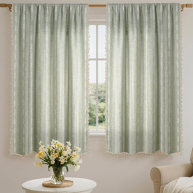 ColorBird Sage Green Boho Curtains Linen-Textured for Living Room Light Filtering Farmhouse Whimsical Decor Drapes Embroidered Striped 63 Inch Length for Dining Room Bedroom Window Treatments