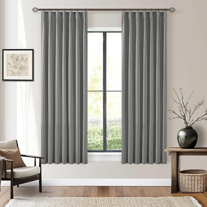 Grey 63 Inch Blackout Pleated Linen Curtains with Liner 2 Panels W40xL63 | Memory Trained, 100% Black Out, Thermal Insulated, UV Blocking, Noise Reducing Curtains for Small Window Bedroom 2 Panels