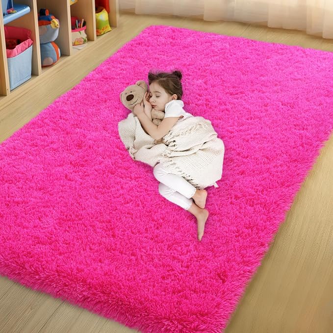 qulint Hot Pink Area Rug for Bedroom, Fluffy Shag Rug for Living Room 4x6 | Fuzzy Plush Small Carpet for Nursery Kid Room, Shaggy Modern Solid Rug for Classroom Dorm Besides Home Decor