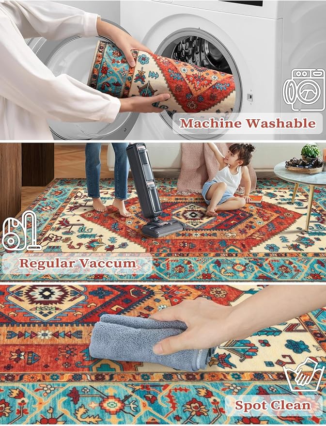 SERISSA Runner Rug for Hallways, 3x12 Washable Non Slip Kitchen Runner Rug, Extra Long Boho Rug Ultra Soft Vintage Orange Print Floor Carpet for Bedroom Hallway Entryway Bathroom Laundry Room