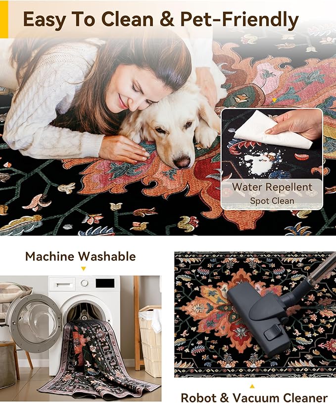 RELEANY Washable Area Rug, Runner 3'x9', Black/Colorful | Non-Slip, Water Repellent, Pet Friendly, Easy to Clean, Vintage Floral Boho Decor for Kitchen Hallway Bedroom Laundry