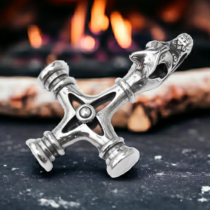 Viking Wolf Cross Necklace 925 Sterling Silver Bronze - Icelandic Thors Hammer Fenrir Pendant - Mens Amulet Norse Nordic Celtic Jewelry - Gothic Biker Gifts for Men - Handmade