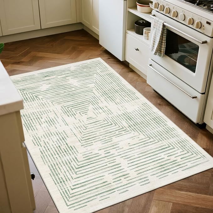 BLISSA 3x5 Washable Area Rug - Modern Entry Rug Non-Slip Ultra-Thin Soft Sage Green Lines Borderd Abstract Striped Bedside Throw Rug for Entryway Kitchen Bedroom Bathroom Dorm Nursery Home Decor