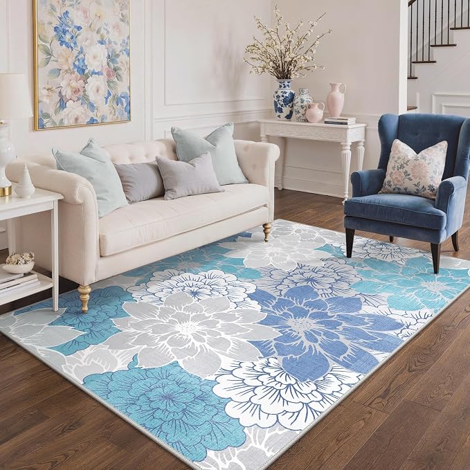 GENIMO 9x12 Outdoor Rug, Washable for Patio and Deck, Aqua Grey | Floral design for gazebo; lightweight chenille with quick-dry non-slip backing for indoor dining area