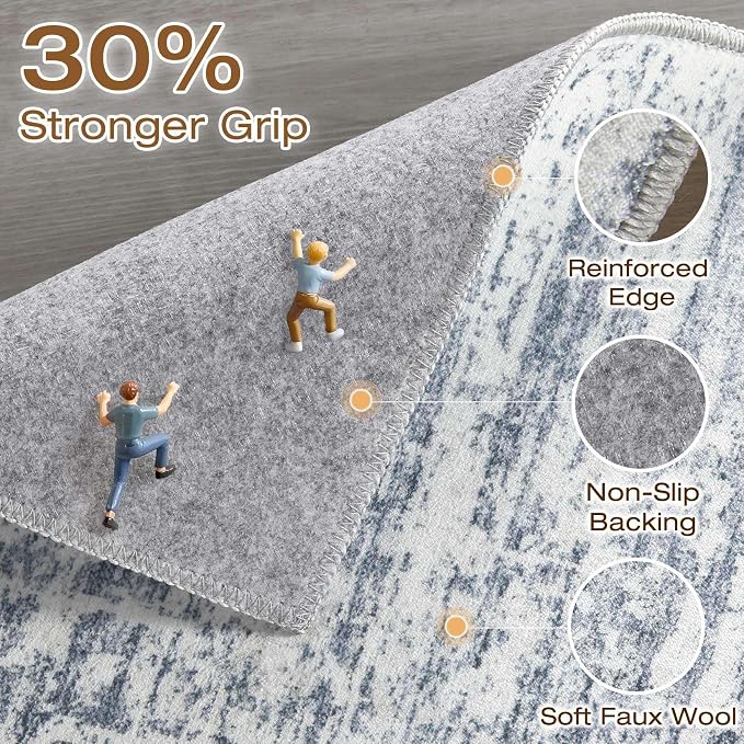 Runner Rug Non-Slip Kitchen Rug: 3x8 Washable Abstract Modern Soft Stain Resistant Indoor Floor Neutral Accent Throw Carpet for Hallway Bathroom Laundry Room Bedroom Entryway- Blue