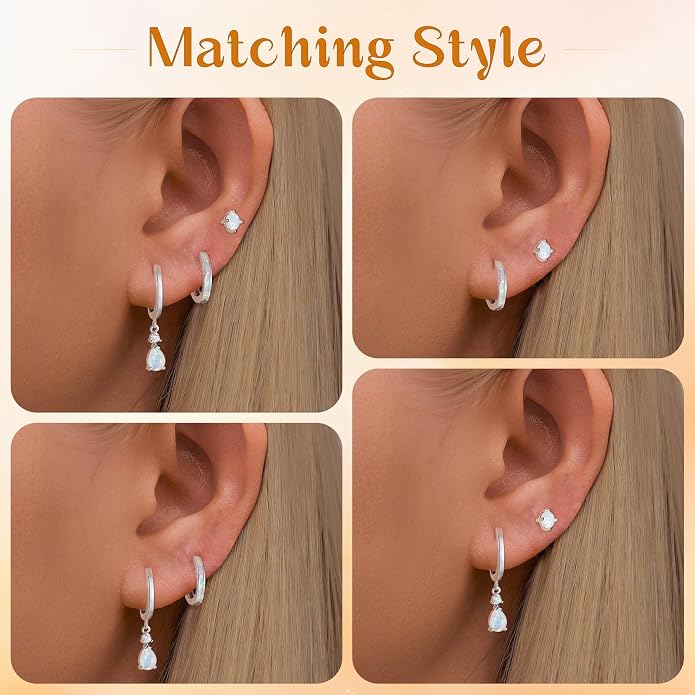 CiNily Opal Earrings Set for Women Hypoallergenic, Opal Stud Huggie Hoop Earrings Silver/Rose Gold Plated Dainty Hoop Huggie Silver Dangle Earring Stacks, Gold Jewelry