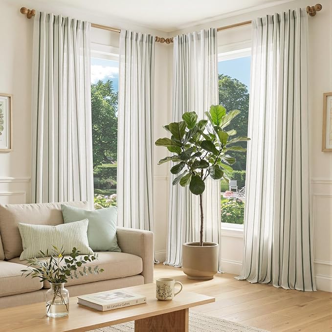 Vangao Striped Curtains Green on White Semi Sheer Curtains 96 Inches Long for Living Room Bedroom Modern Farmhouse Linen Textured Light Filtering Drapes 2 Panels Olive Green W50 x L96 Inch