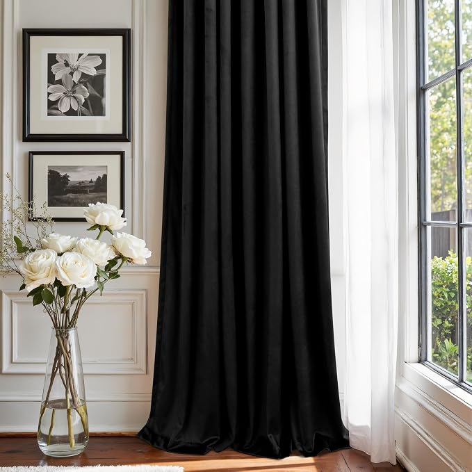 Black Out Velvet Room Darkening Curtains 63 Inch Length for Living Dining 2 Panels Heavy Privacy Energy Smart Insulating Summer Heat Winter Curtain for Kitchen Door Doorway Master Bedroom Guest Office