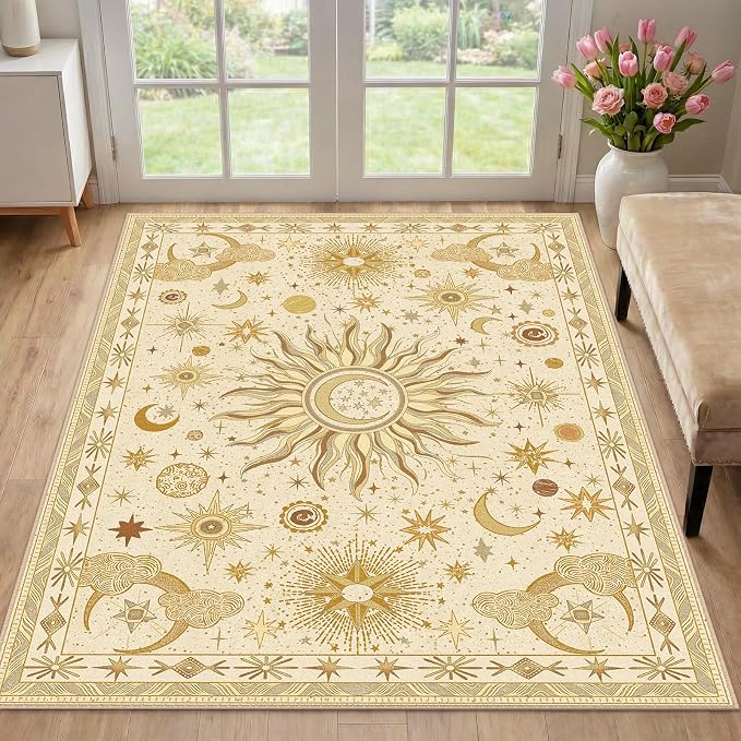 Vacuum-Friendly, 3x5 Washable Area Rug, Beige Camel Brown | Sun and Moon Boho Gothic Non-Slip Low Pile Living Roon Bedroom Dining Room Kitchen Entry Entryway Entrance Hallway Doormat