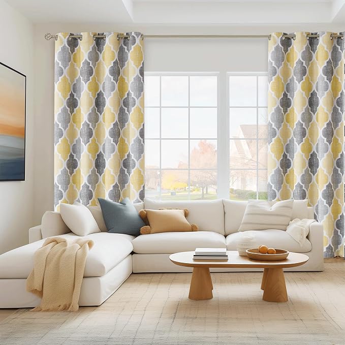 Beauoop Moroccan 100% Blackout Curtains Bedroom Yellow Grey 50x90 2 Panels | Geometric Room Darkening Drapes for Living Room 90 Inch Long Thermal Insulated Soundproof Lattice Window Treatment Grommet