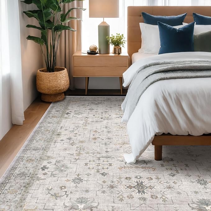 Boho Living Room Rug 7x10 - Washable Light Gray & Sage Area Rug for Dining Under Table, Low Pile Non-Slip Large Bedroom Carpet, Modern Eclectic Geometric Neutral Floral Décor