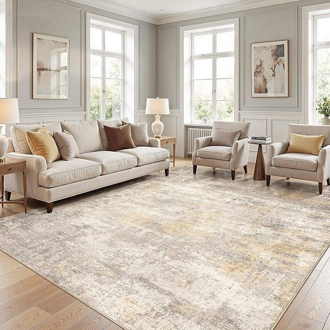 cotiled 10x14 Area Rug Abstract Soft Non Slip Washable Rugs for Living Room | Stain Resistant, Robot Vacuum & Pet Friendly, Low-pile, For Living Room, Bedroom, Dining Table, Nursery Gold/Grey/Brown