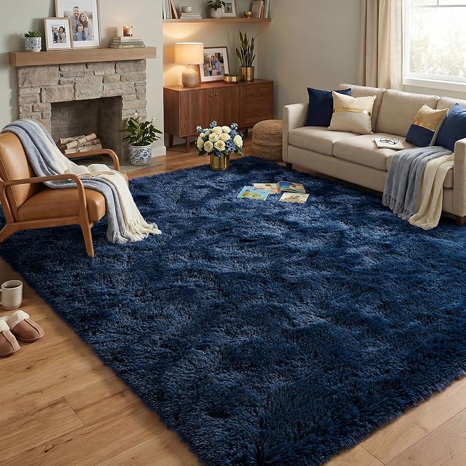 Fluffy Rugs for Bedroom: Navy Blue Soft Shag Rug for Living Room, Large Fuzzy Plush Indoor Carpet Non Slip Modern Rug for Nursery Kids Room Dorms Office Home Decor, 5x8 Feet