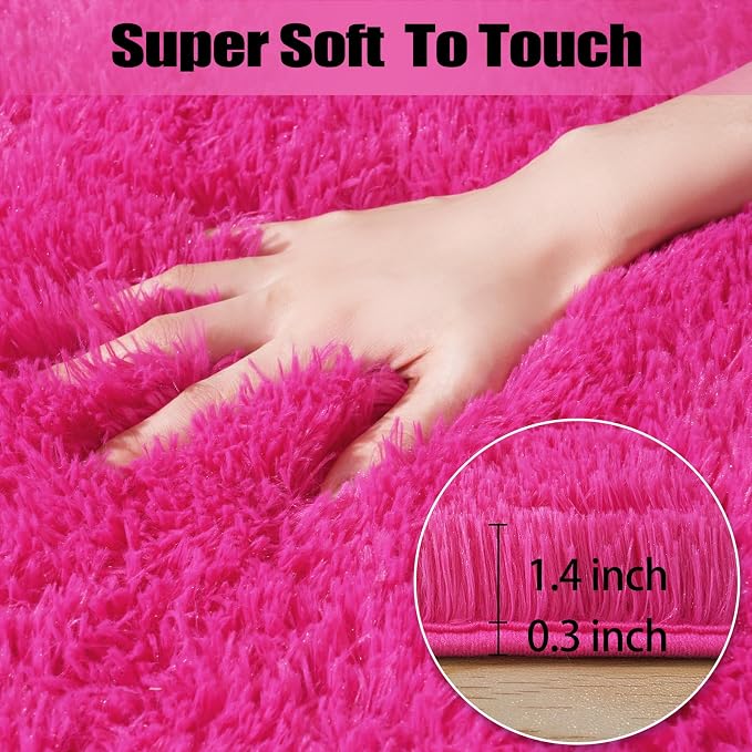 qulint Hot Pink Rugs for Bedroom Girls, 3x5 Small Area Rug for Living Room | Fluffy Shaggy Kids Rug Plush Shag Carpet, Fuzzy Modern Carpet for Nursery Classroom Dorm Home Decor