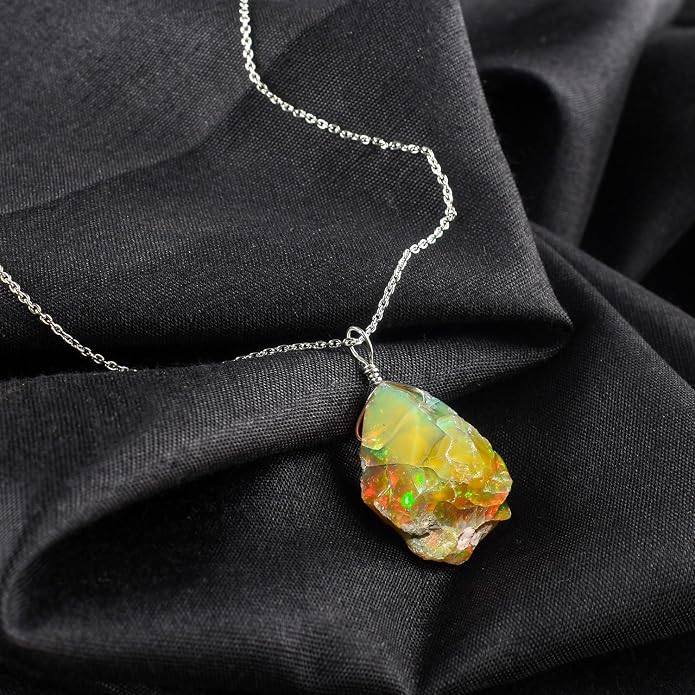 Raw Ethiopian Fir Opal Pendant Necklace for Women, Dainty Pendant, Handmade October Birthstone, Hypoallergenic Spiritual Healing Stone 925 Sterling Silver Chain 20" Birthday Gifts
