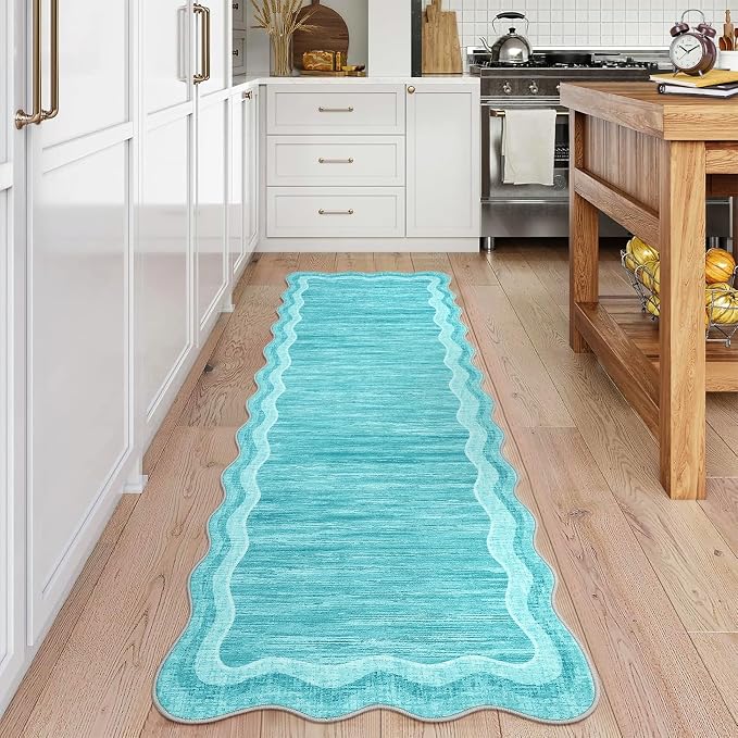 Garvee Washable Runner Rug 2x6 Scalloped Rugs for Bathroom Modern Kitchen Hallway Rugs Stain-Resistant Non-Slip Solid Rug Soft Scalloped Entryway Carpet Runner for Bathroom Laundry Bedside(Teal,2x6ft) | Modern Long Runner Rug for Entryway Bedroom, Non ...