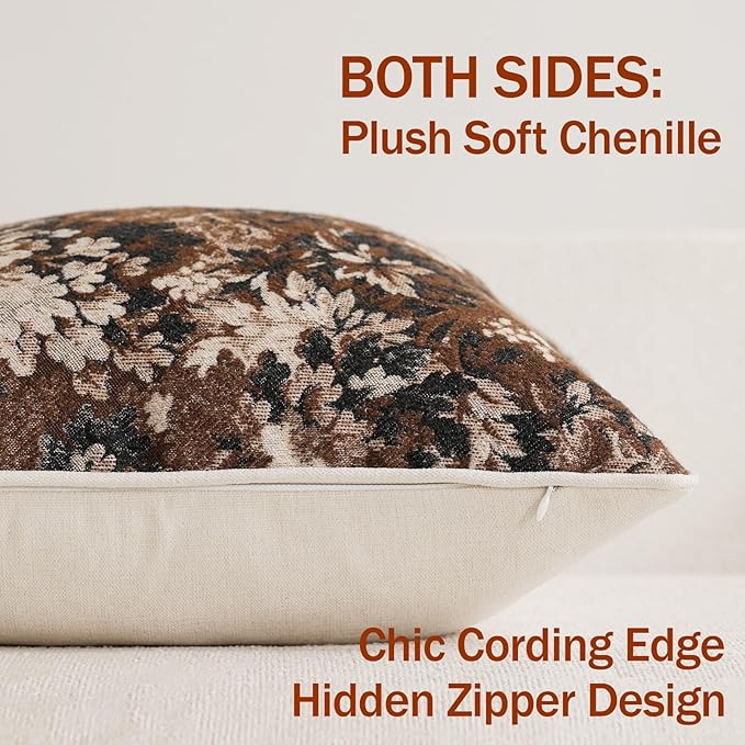 DEZENE Pack of 2 Vintage Floral Throw Pillow Covers 22x22 Boho Farmhouse Accents Chenille Square Decorative Pillow Cases for Living Room Couch Bed Home Decor, Dark Brown
