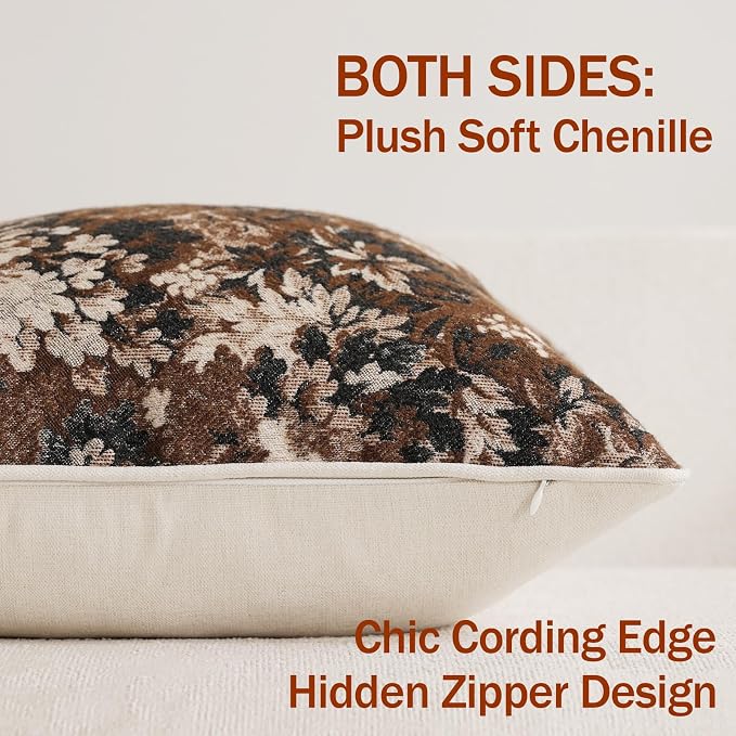 DEZENE Pack of 2 Vintage Floral Euro Sham Covers 24x24 Boho Farmhouse Accents Chenille Square Decorative Throw Pillow Cases for Living Room Couch Bed Home Decor, Dark Brown