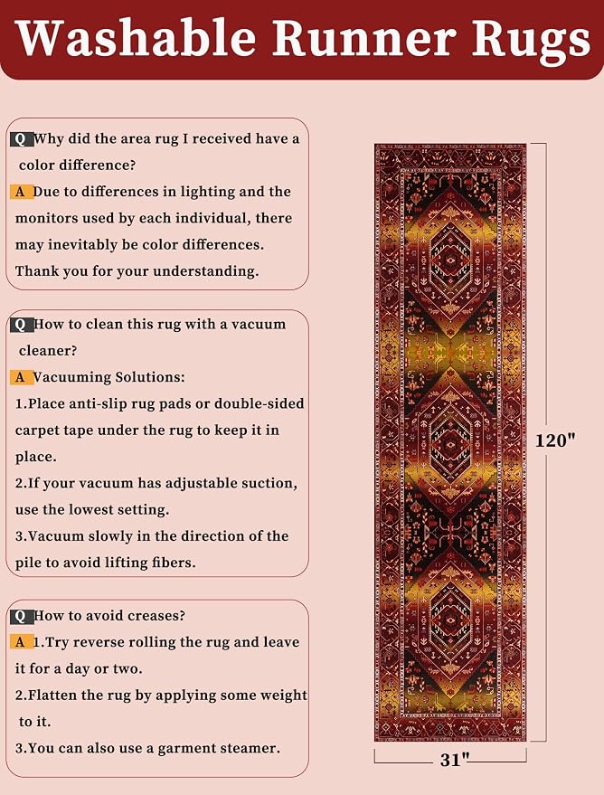 SERISSA Runner Rug for Hallways, 2'6"x10' Washable Non Slip Kitchen Runner Rug, Long Boho Rug Vintage Rustic Red Gold Hallway Stair Ultra Soft Print Floor Carpet for Bedroom Bathroom Laundry Room