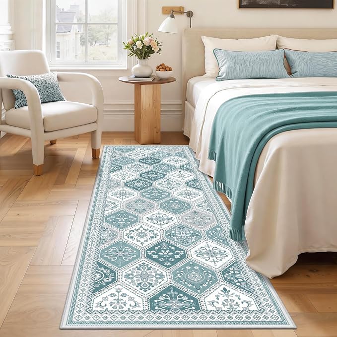 2x6 Teal Rugs, Soft Non-Slip Boho Moroccan Rug Runner, Low-Pile Printed Indoor Runners for Entryway, Hallways, Kitchen, Laundry Room, Bedside- Teal